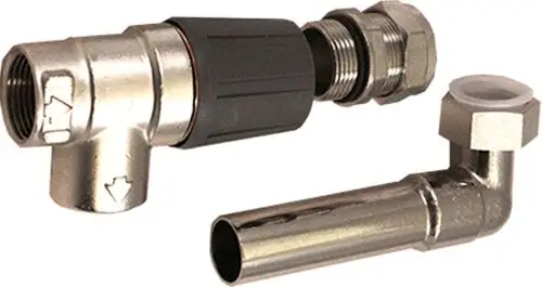 Überströmventil aus Metall mit separatem Anschluss, geeignet für Rohrinstallationen. Teil der Verrohrungsgruppe von Wolf, mit klaren Durchflussmarkierungen.